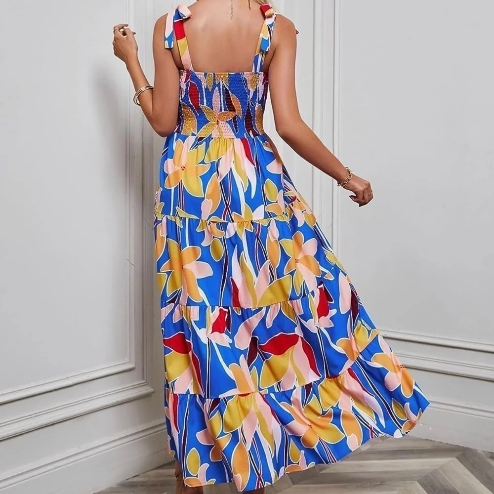 Floral Ruffle Maxi Dress With Tie Straps - Picture 7 of 11